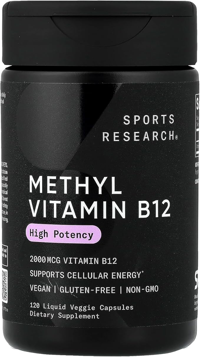 Sports Research® Vitamin B12 as Methylcobalamin 2000mcg - Plant Based B12 w/Coconut MCT Oil for Energy Metabolism Support - Vegan Certified · Non-GMO · Gluten Free - 120 Liquid Caps