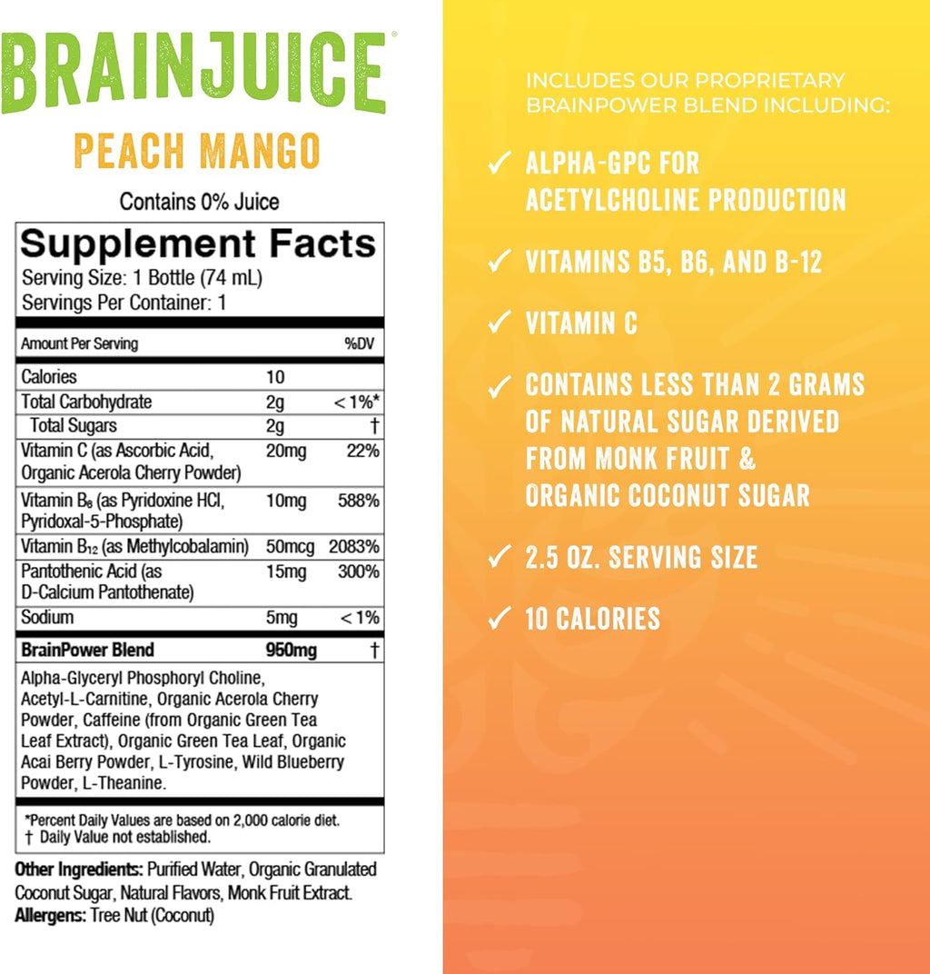 BrainJuice Brain Support Shot, Gluten Free Supplement Shots for Energy & Focus, Healthy Drinks with Alpha GPC, Vitamin B & Organic Green Tea Extract Caffeine, Peach Mango, 2.5 fl oz, 12 Pack