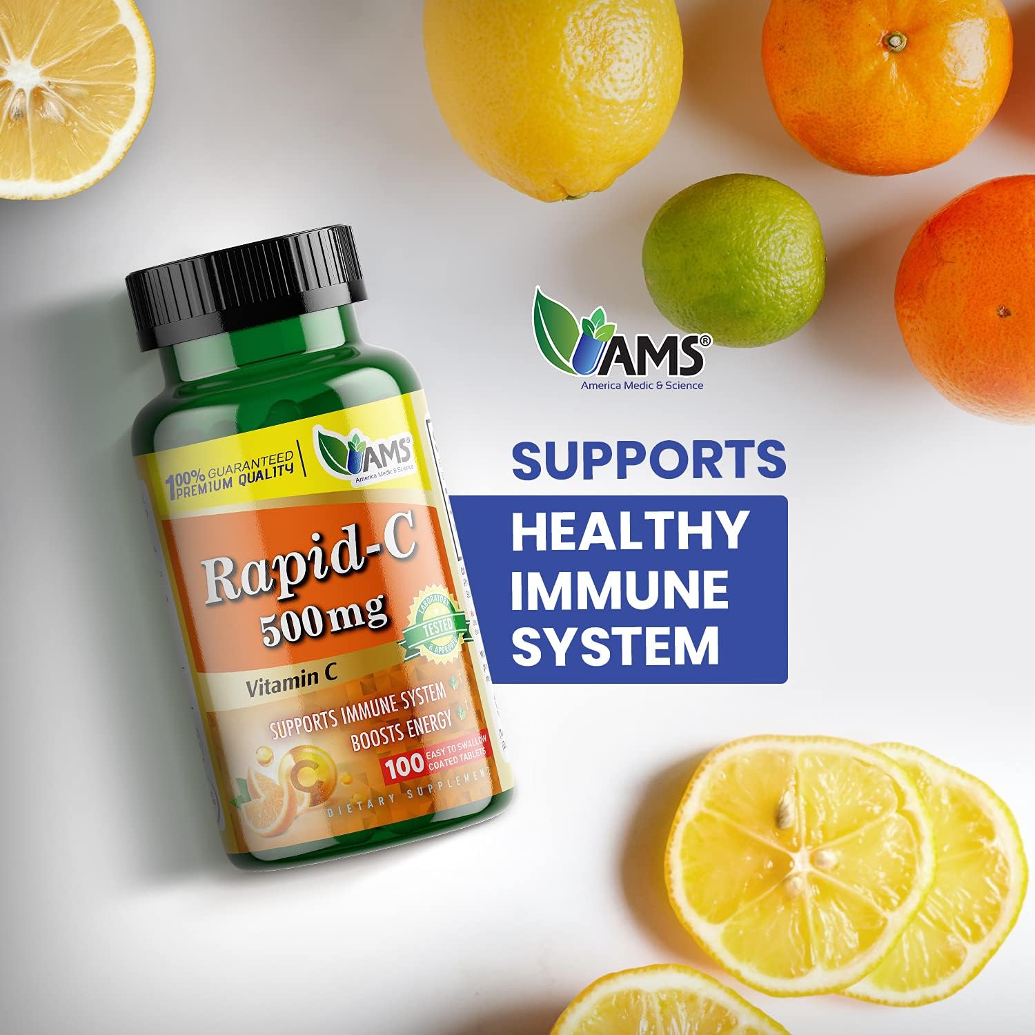 America Medic & Science Rapid-C 500mg Vitamin C Supplement (1 Pack of 100 Tablets) Energy Booster, Daily Immune System Support, Antioxidant | Vegan, Non-GMO Coated Ascorbic Acid for Adult Men & Women