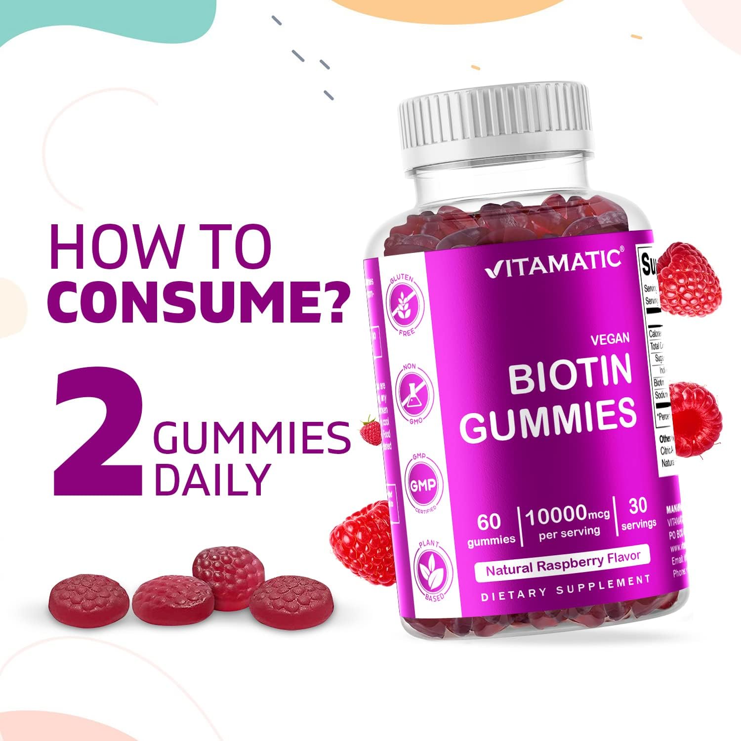 Vitamatic Biotin Gummies 10,000 mcg for Stronger Hair, Skin & Nails - 60 Vegan Gummies - Also Called Vitamin B7 (2 Bottles)