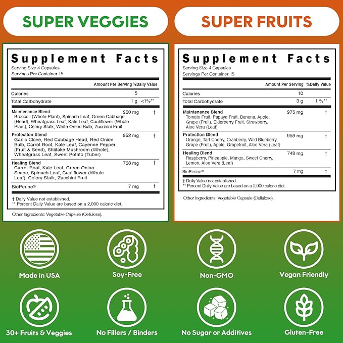 Fruits and Veggies Supplement (60 Day Supply) Powerfull Blend of 39 Whole Fruits and Veggies, Fills Nutritional Gaps, Get Energy, Well-being. USA Made Non-GMO/Vegan/Gluten Free. Packaging May Vary