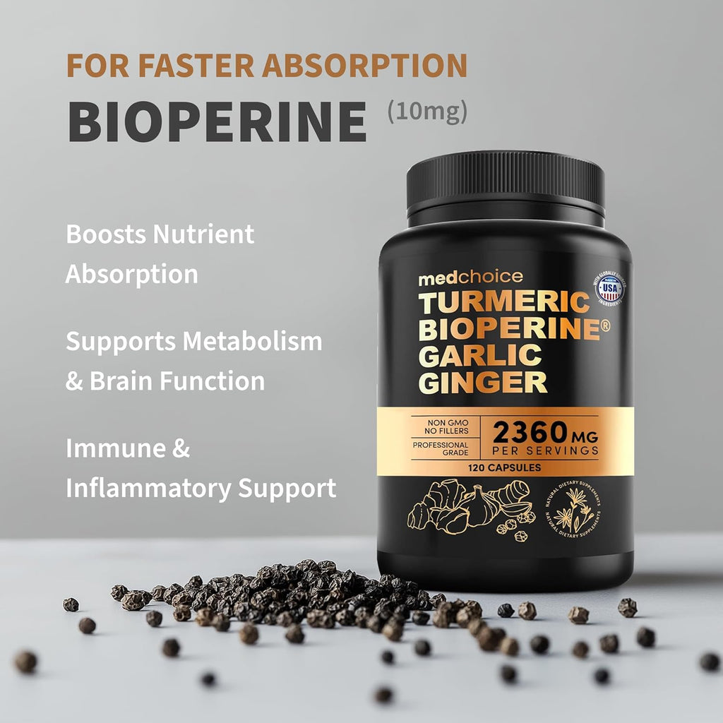 4-in-1 Turmeric and Garlic Supplements with Bioperine 2360 mg Turmeric Ginger Root Capsules with Garlic for Joint, Digestion & Immune Support (120ct, Pack of 4)
