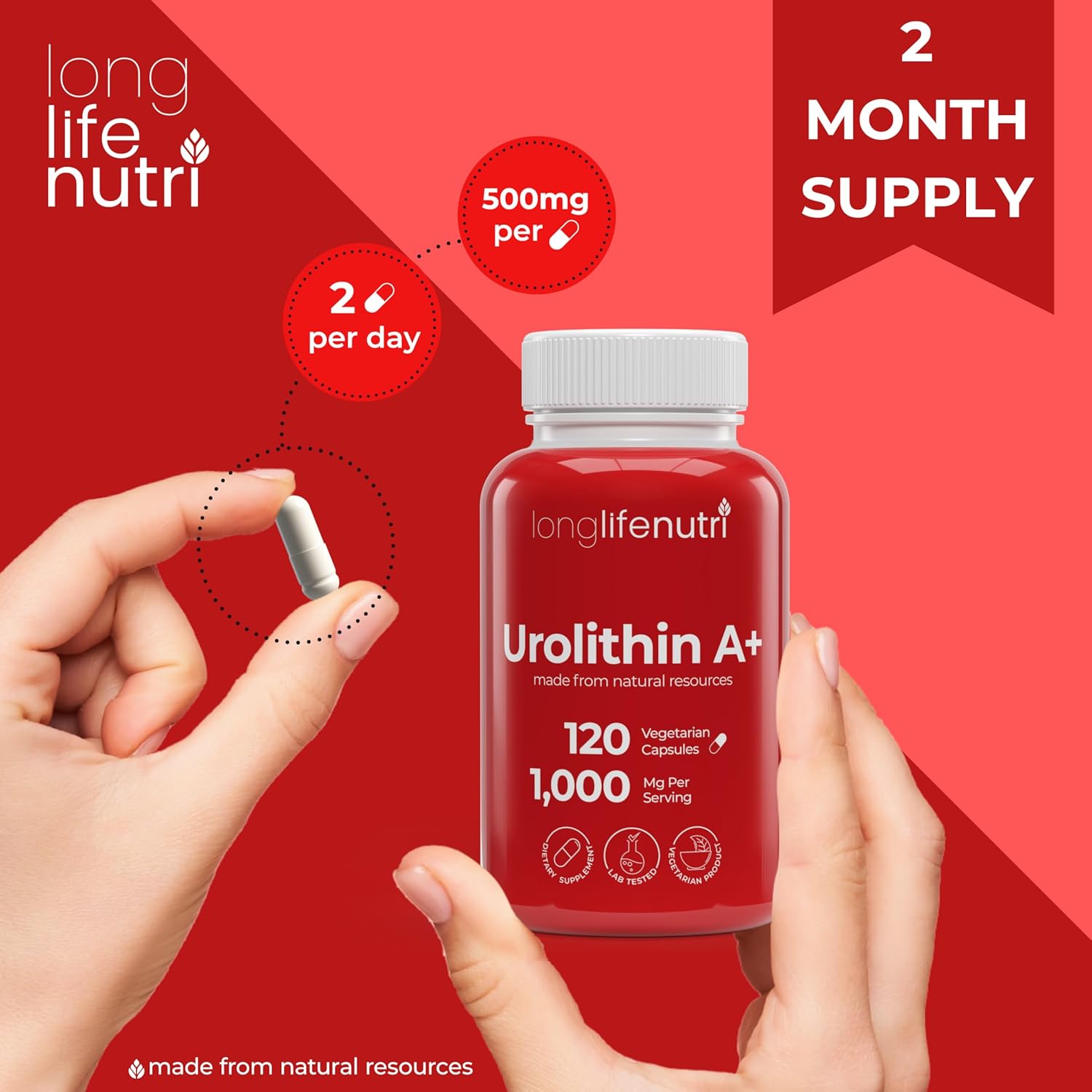 Urolithin A+ 1000mg Supplement - Advanced Formula, 120 Vegetarian Capsules, 2-Month Supply, Pomegranate Extract for Healthy Aging & Longevity, Lab Tested, Organic, Made in USA