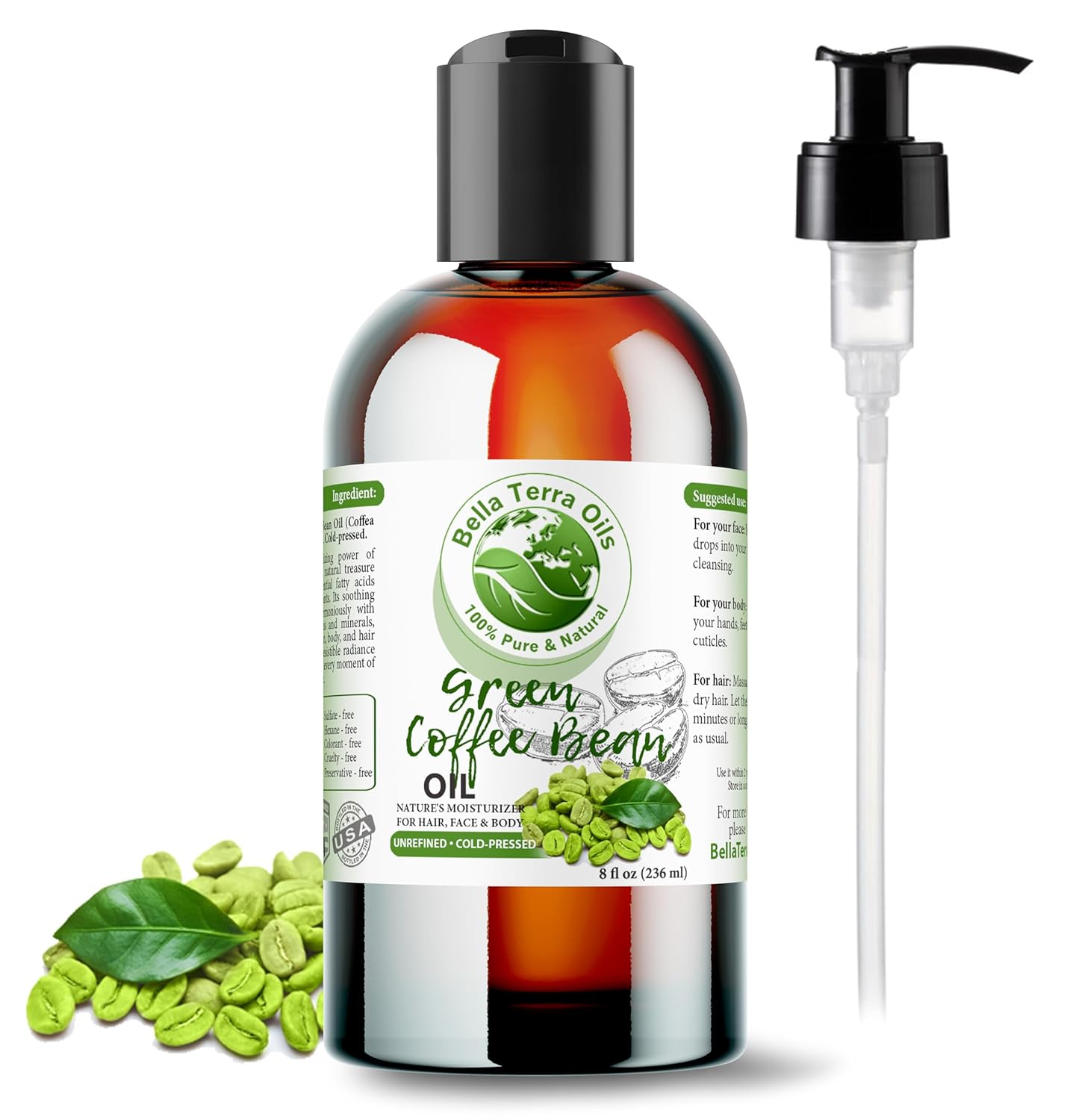 Bella Terra Oils - Green Coffee Bean Oil 8 oz - Celebrating the Aromatic Intensity of Green Oil, Filled with Essential Nutrients for a Refreshed Look