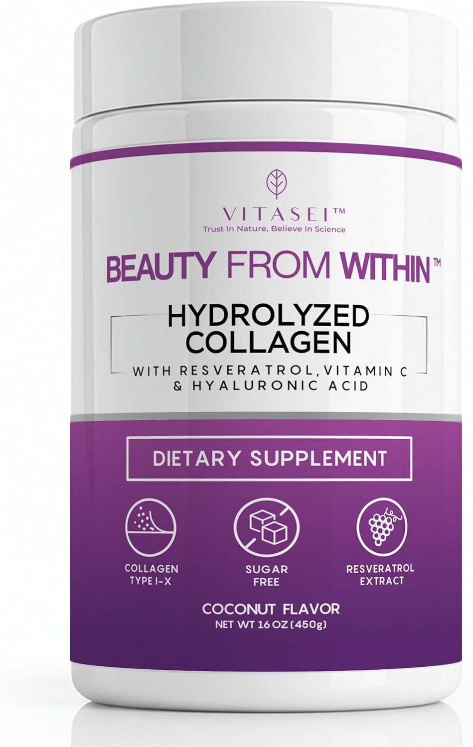 VITASEI Hydrolyzed Collagen Peptides Powder with Resveratrol & Vitamin C – Hair, Skin & Joint Support – Colágeno Hidrolizado for Women & Men – Soy-Based Formula – Coconut Flavor, 16 oz (30 Servings)