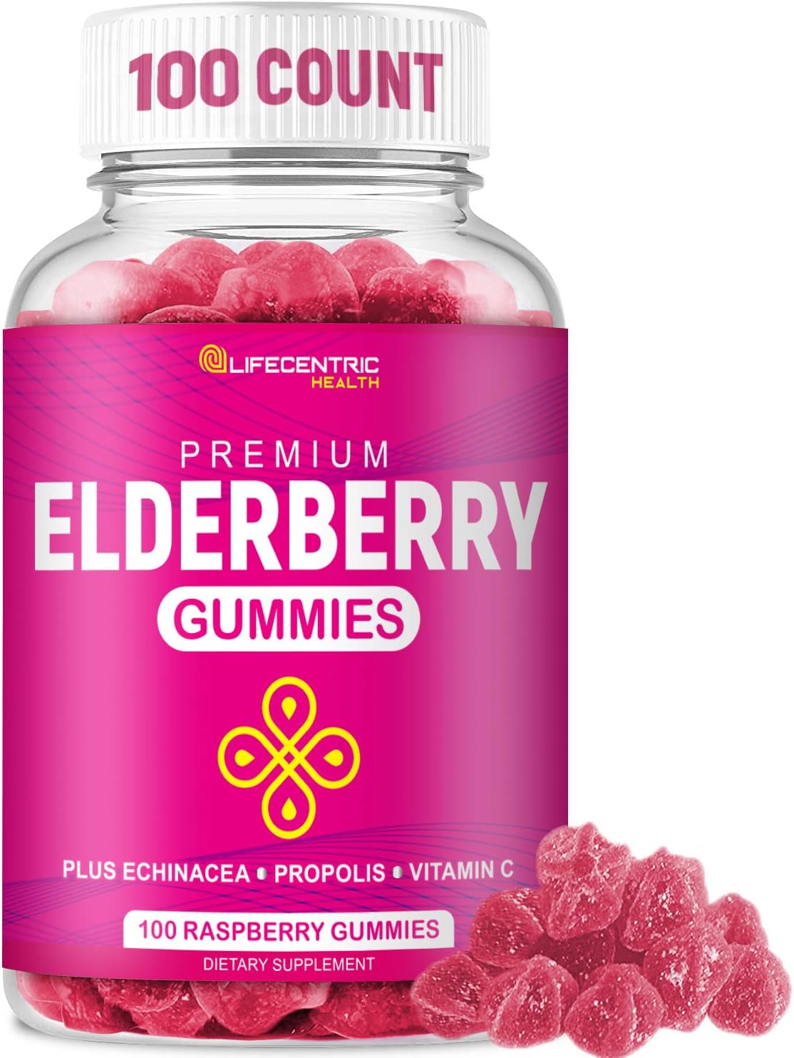 Elderberry Gummies for Kids & Adults Plus Vitamin C, Propolis & Echinacea Delicious Raspberry Gummy