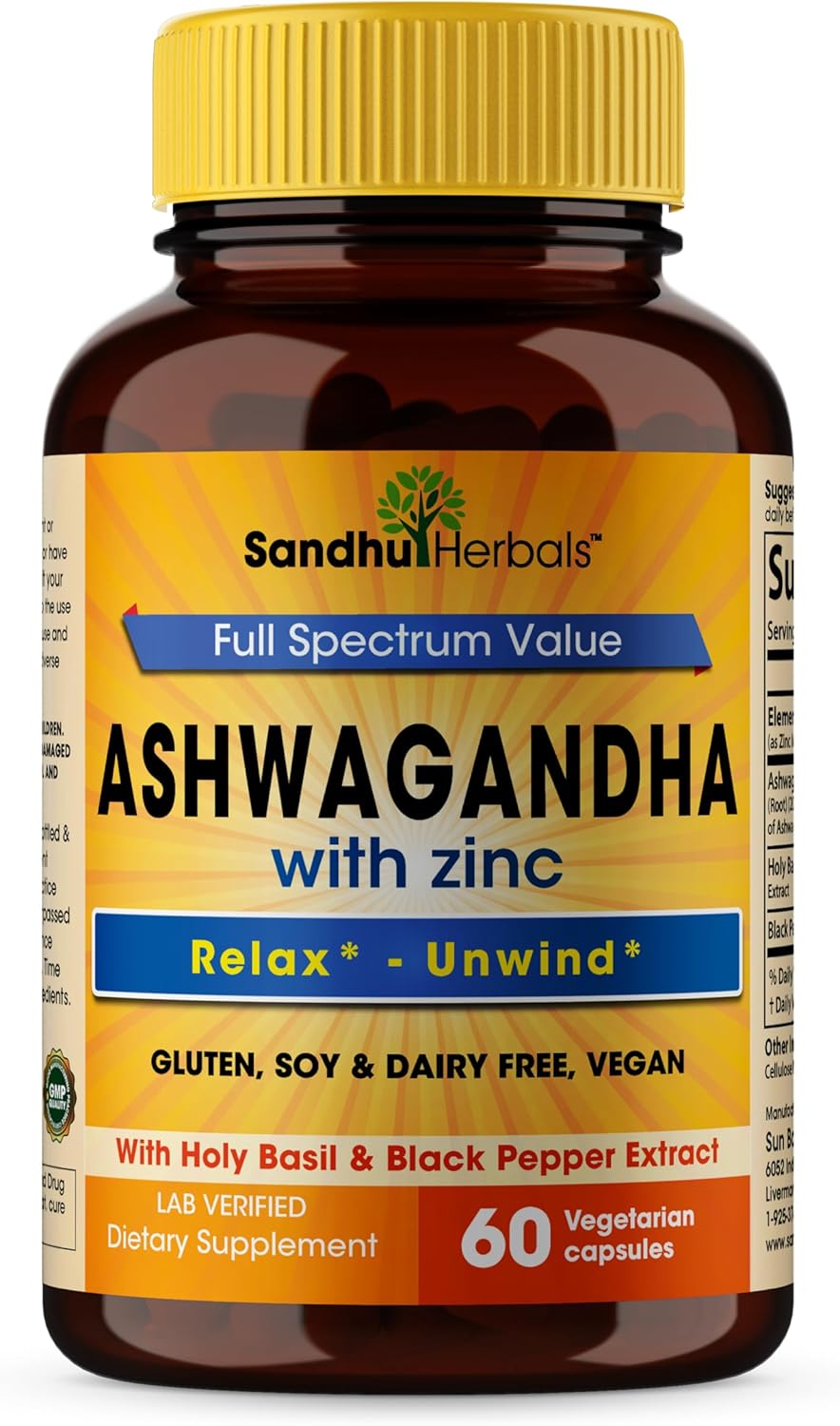 Sandhu Herbals Ashwagandha Supplement | 60 Organic 4 in 1 Capsules, 1 Month Supply | with Zinc, Black Pepper and Holy Basil Extract | Supports Immune Health | Non-GMO