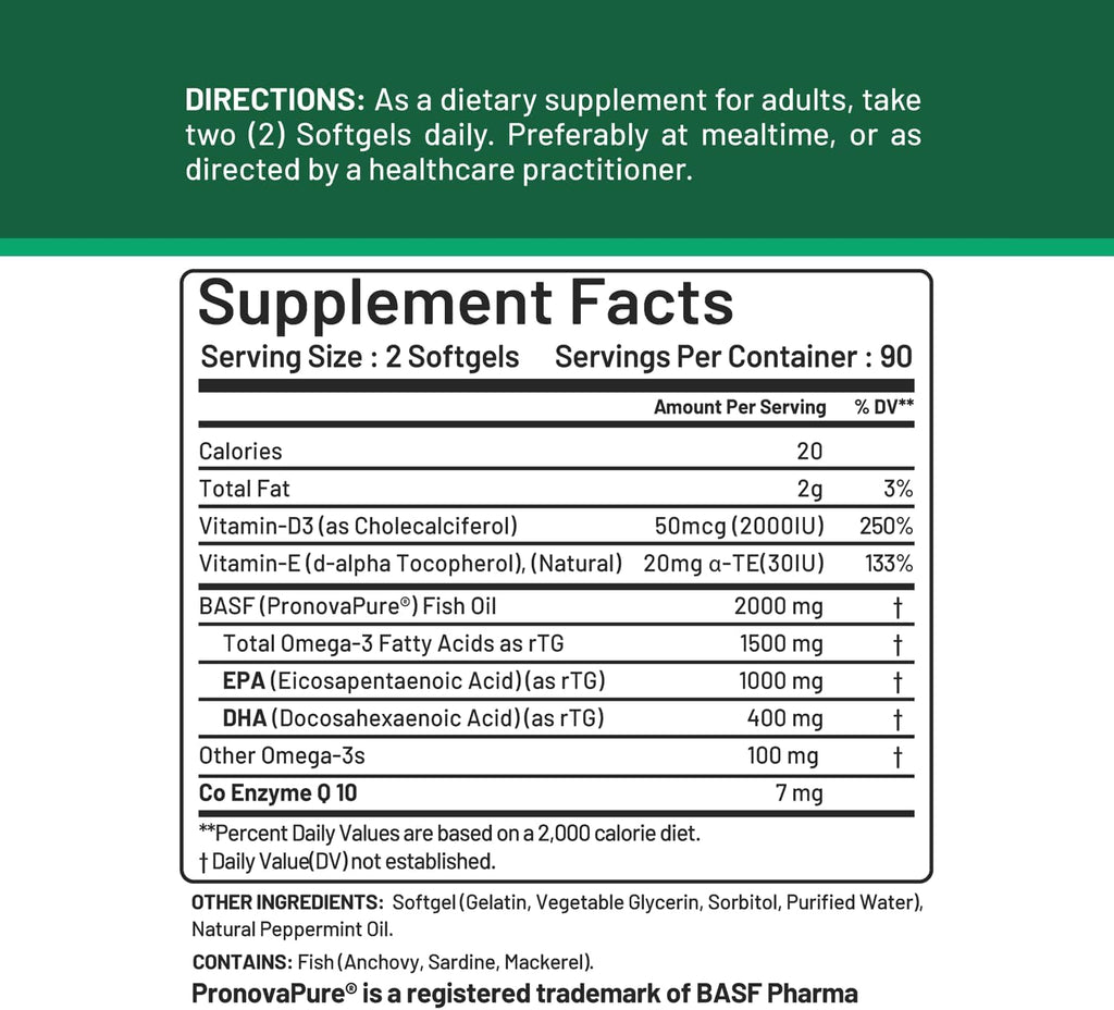 rTG Omega 3 Norwegian Fish Oil with CoQ10 Dietary Supplement- Heart Health & Antioxidant Support with Vitamins D & E – 2000 mg Sustainably Sourced – Super rTG Omega 3, 180 Softgels by CGM Labs
