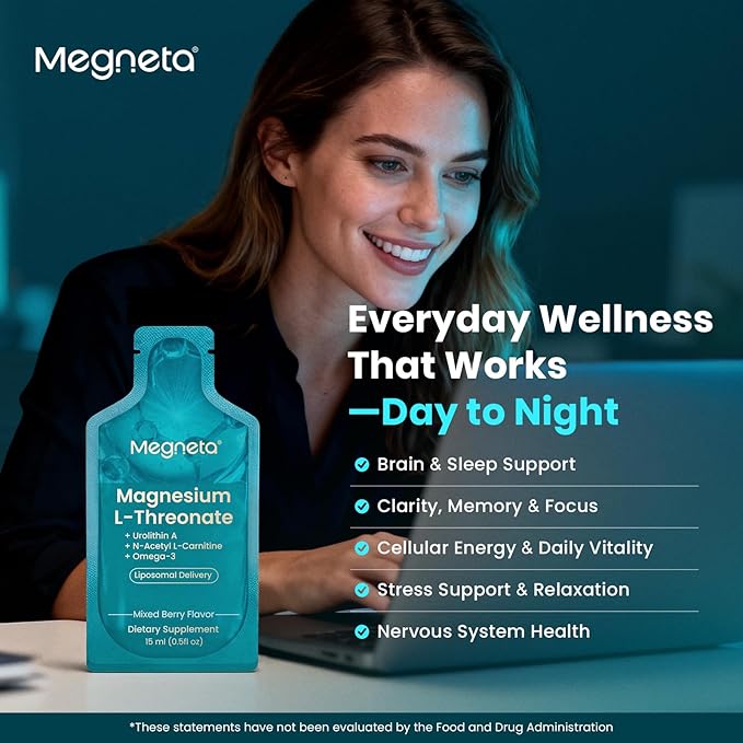 Magnesium L-Threonate Liquid, 2000mg Magnesium L-Threonate, Liposomal for High Absorption, with Urolithin A, N-Acetyl L-Carnitine & Omega-3, Brain, Memory, Focus & Sleep Support, 30 Pouches