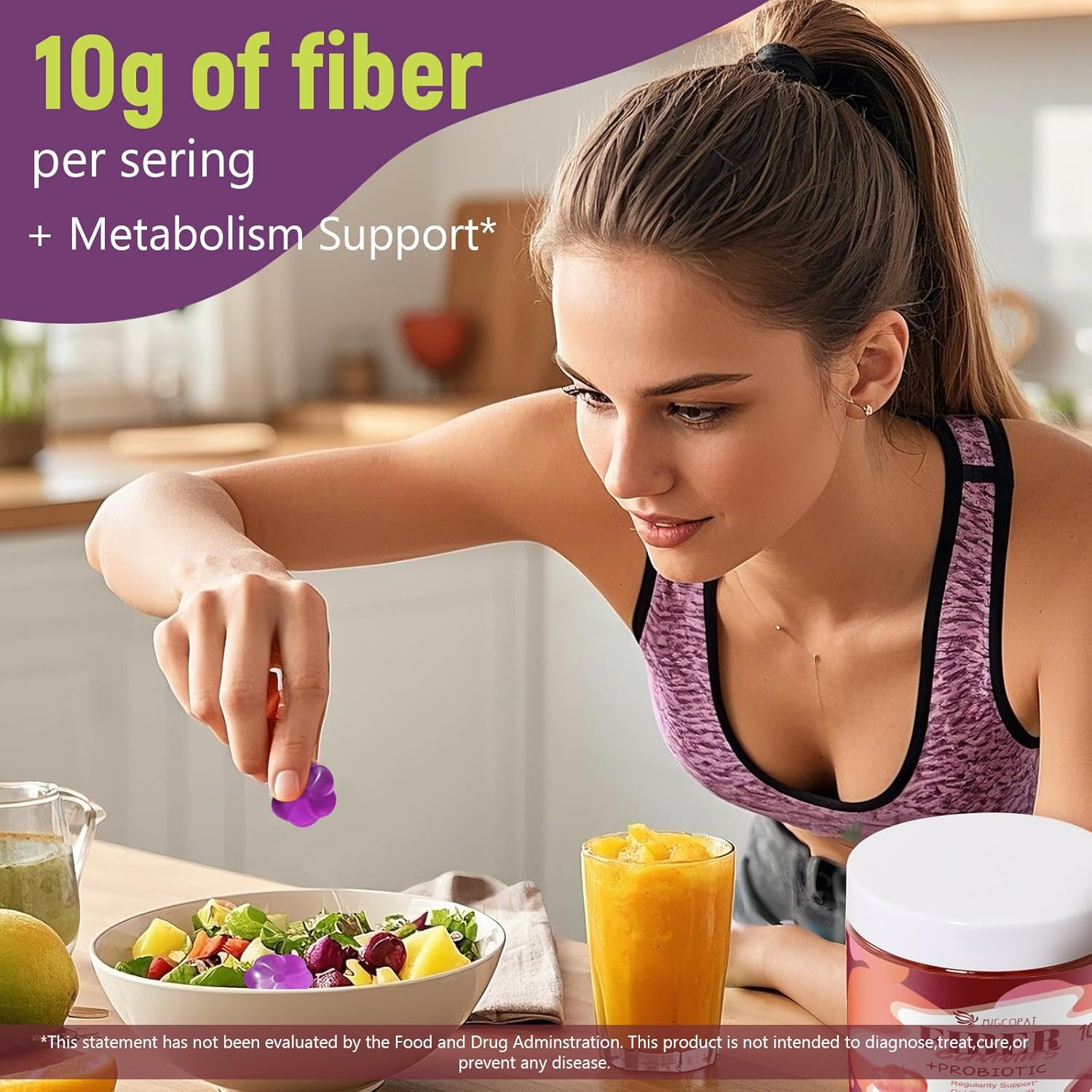 10G Fiber Gummies for Adults, No Sugar Added Grape Flavor, Fiber Supplement with 30 Billion CFU Probiotics Blend, ACV, Vitamin C, Inulin, Support Digestive Health, 90 Count