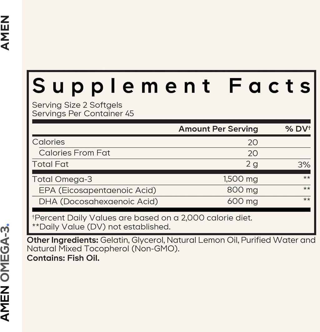 Amen Omega-3 Supplement - 1500mg High-Potency Daily Omega 3 - EPA and DHA Fatty Acids Fish Oil - 45-Day Supply - Fatty Acid Supplements - Fish Oil Pills - Non-GMO - 90 Soft Gels Capsules