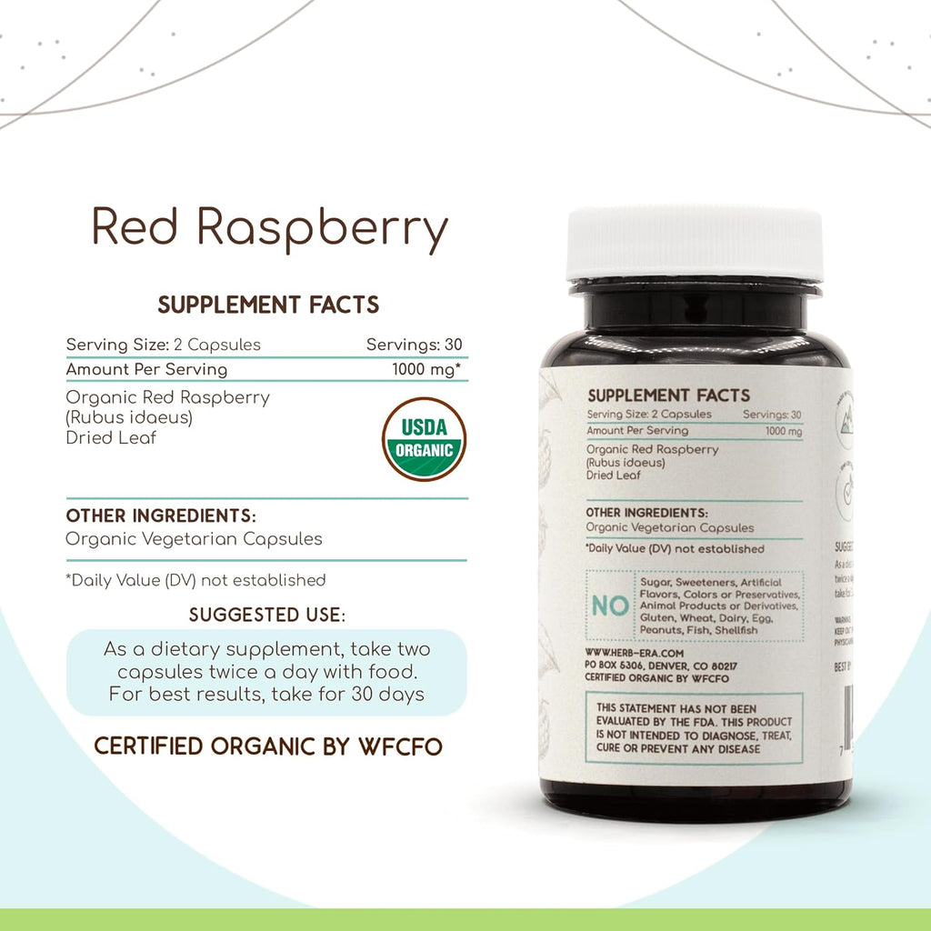 Red Raspberry USDA Organic 60 Capsules | Natural Herbal Supplement | Certified Organic Vegetarian Capsules and Organic Red Raspberry (Rubus idaeus) Dried Leaf (60 Capsules)