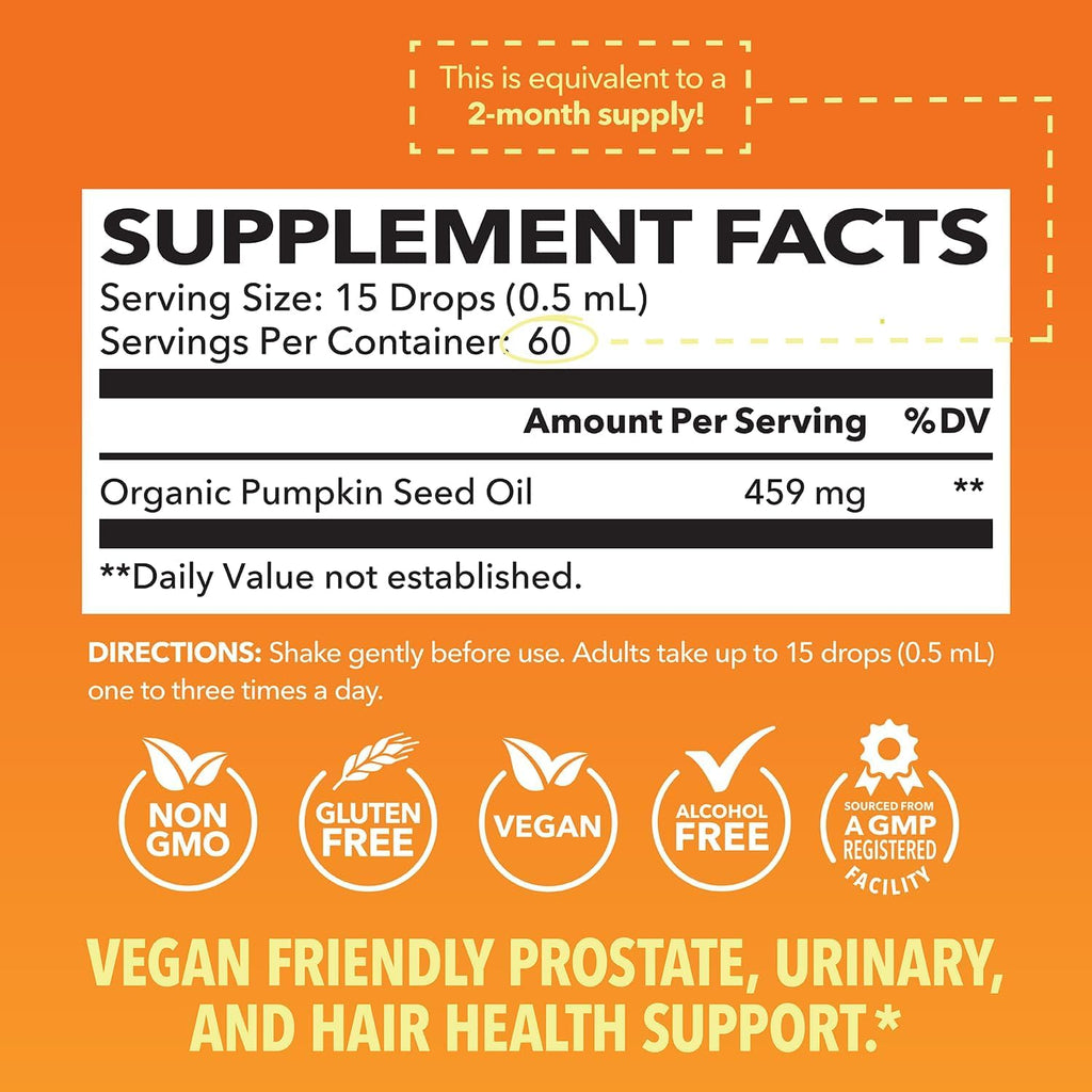 Pumpkin Seed Oil - USDA Organic - Cold Pressed for Hair, Prostate, and Hormone Support - 2 Month Supply - Liquid Drops for Men and Women - Vegan, Non-GMO, and Gluten Free - Unflavored, 1 Fl Oz