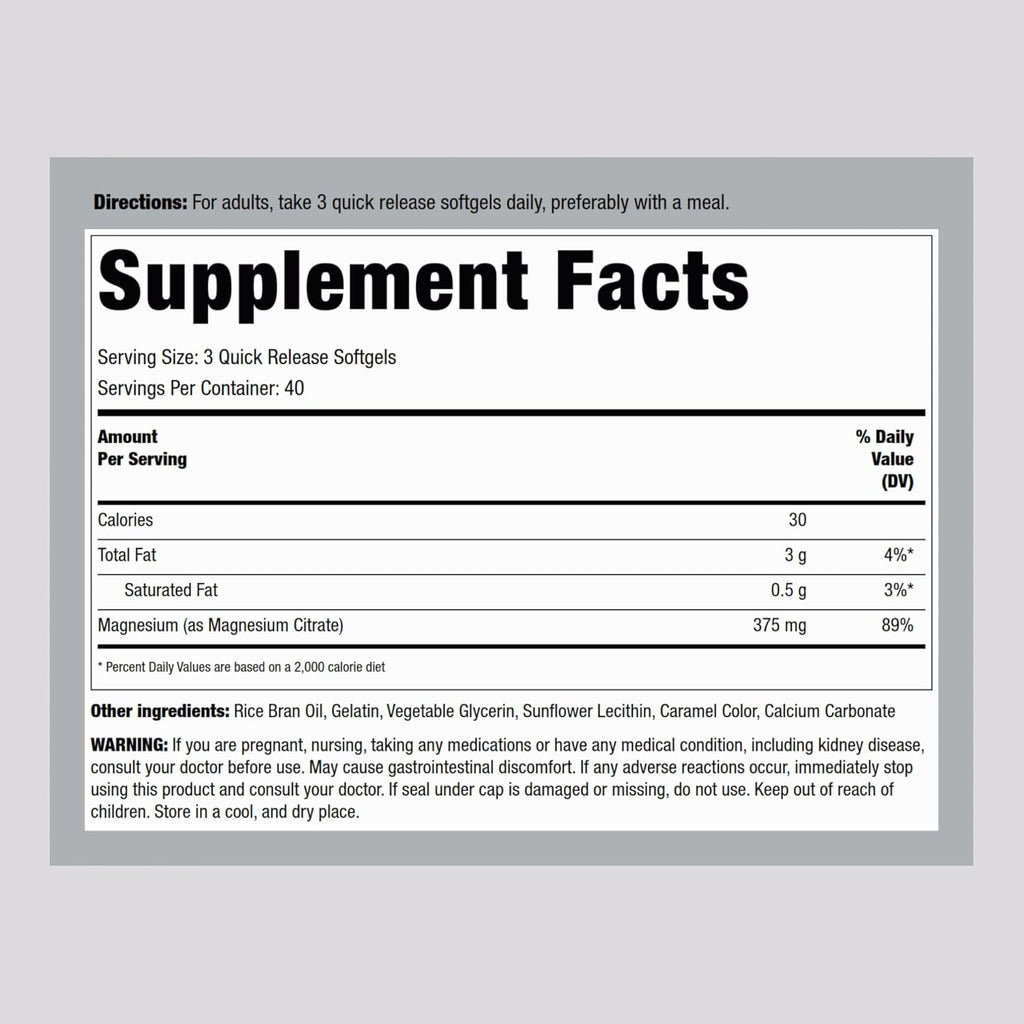 Piping Rock Magnesium Citrate | 375 mg | 120 Softgels | High Absorption | Non-GMO, Gluten Free Supplement