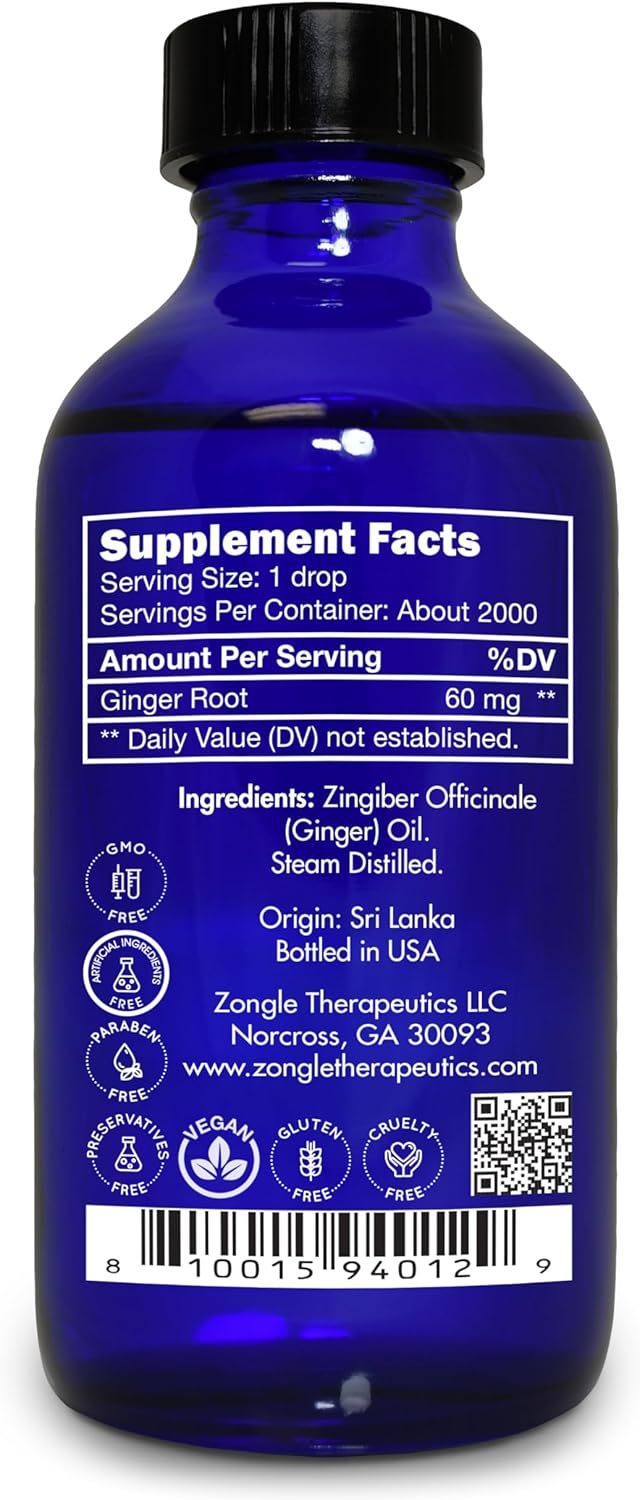 Ginger Oil, Edible, Food Grade – 100% Pure, Ginger, Essential, Oil, for Massage, by Zongle Therapeutics, 4 OZ