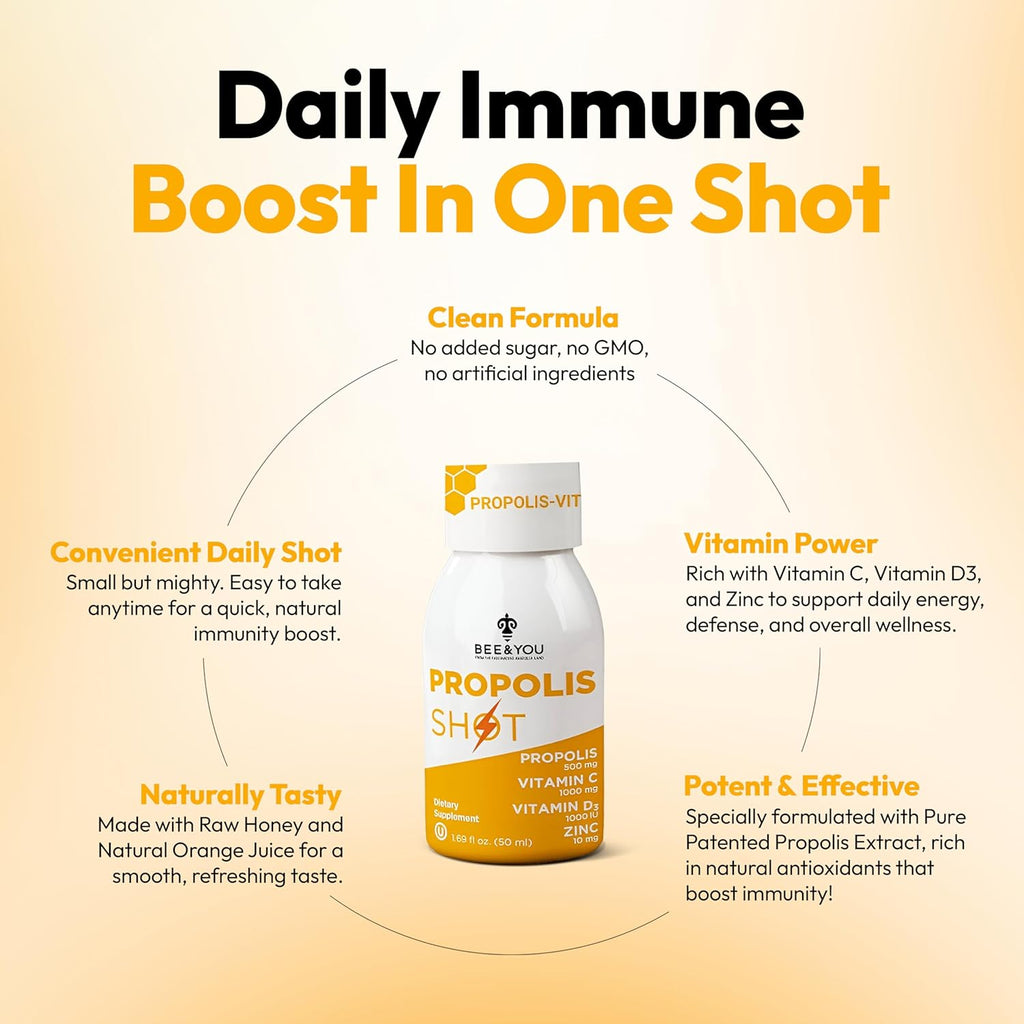 BEE and You Immune Support 100% Natural Propolis Shot Supplement, Antioxidants, Vitamin C, VIT D3, Zinc, Orange Juice, Raw Honey, 1.69 fl. oz x 12 Bottles