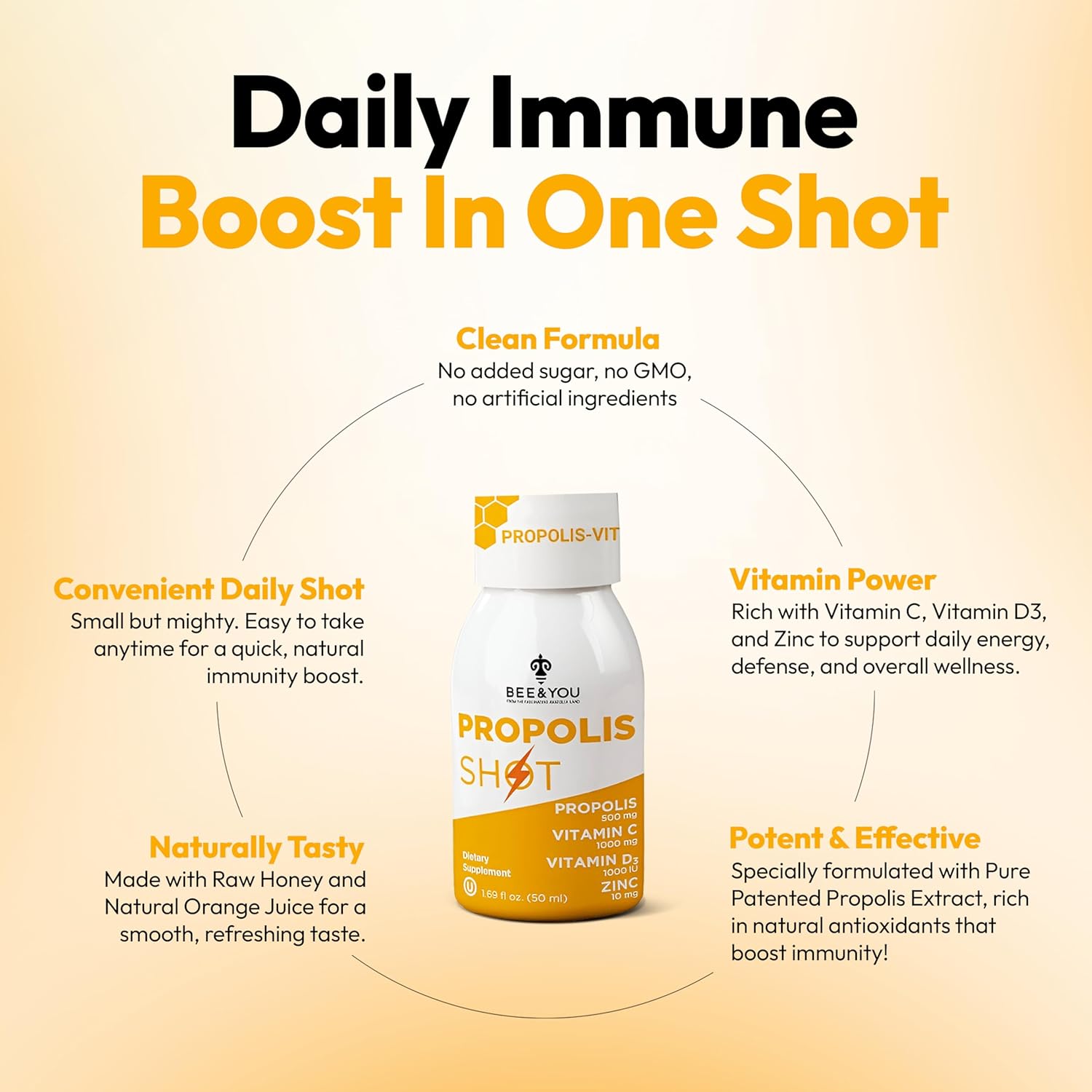 BEE and You Immune Support 100% Natural Propolis Shot Supplement, Antioxidants, Vitamin C, VIT D3, Zinc, Orange Juice, Raw Honey, 1.69 fl. oz x 12 Bottles