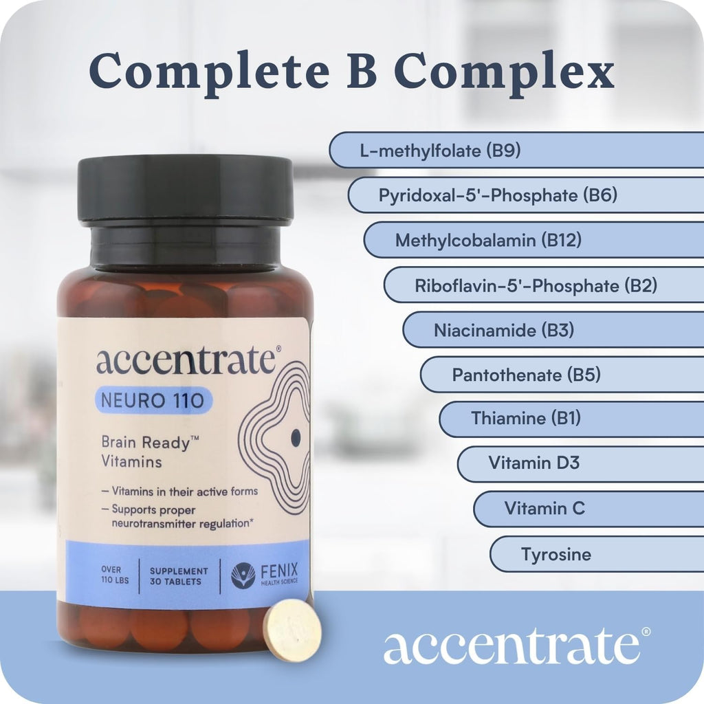 Accentrate Neuro 110- Complete Vitamin B Complex | Methylated Multivitamin w/L-Methylfolate (5-MTHF) Methylcobalamin (B12) Pyridoxal-5'-Phosphate (P5P) | Brain Health | MTHFR Supplement | 30 Tablets