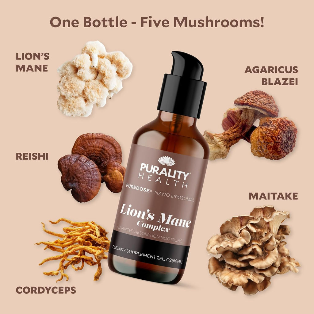 PURALITY HEALTH Lion’s Mane Complex, Nano Liposomal, Maximum Absorption for Brain Health, Memory, Focus & Nerve Support, with Reishi, Cordyceps, Maitake, 30 Day Supply