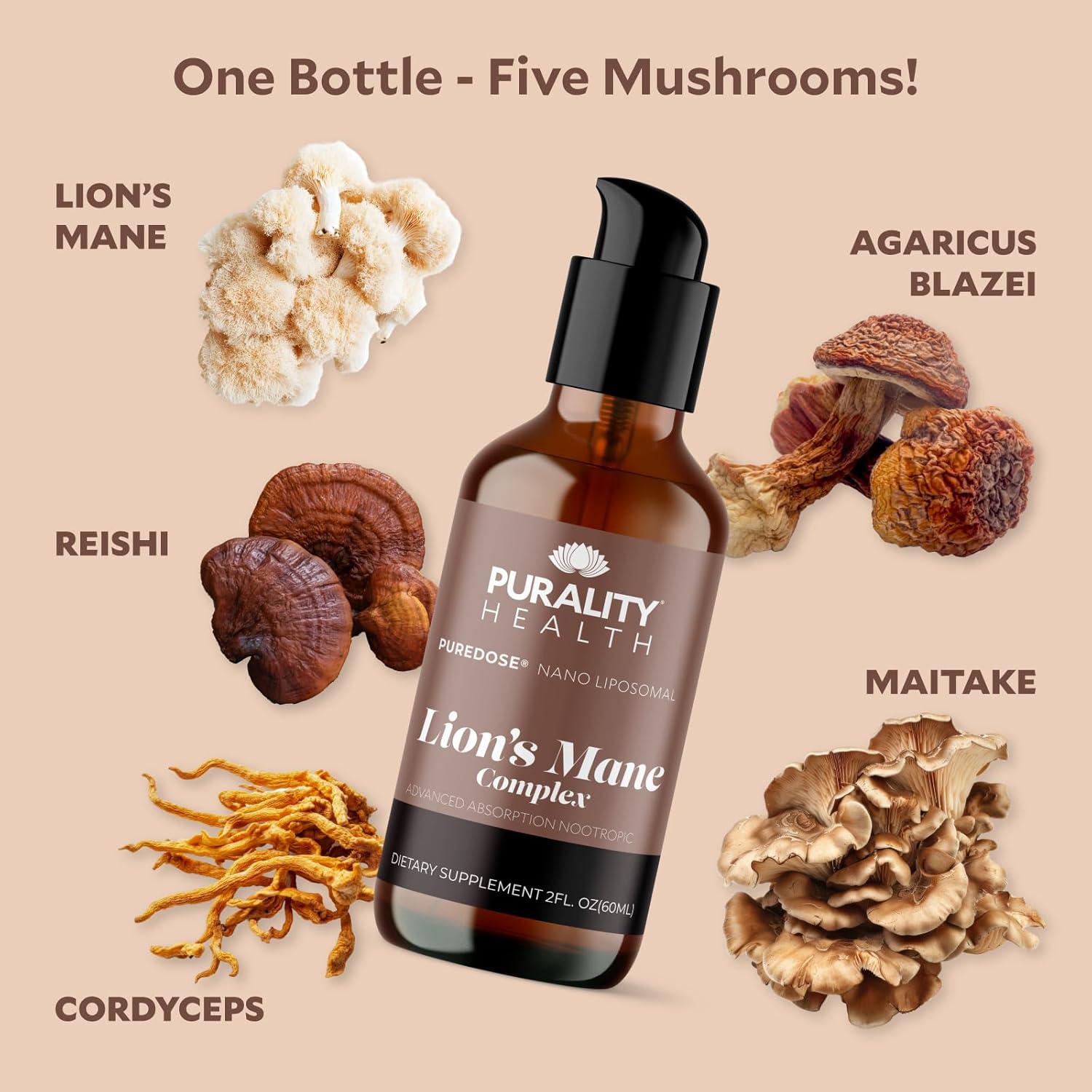 PURALITY HEALTH Lion’s Mane Complex, Nano Liposomal, Maximum Absorption for Brain Health, Memory, Focus & Nerve Support, with Reishi, Cordyceps, Maitake, 30 Day Supply