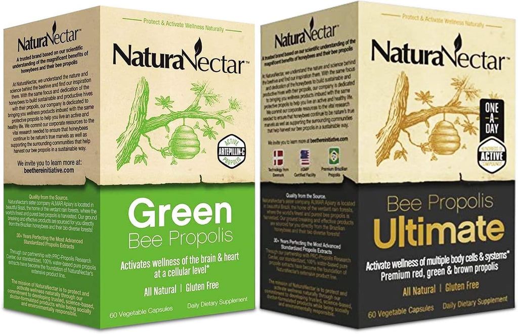 NaturaNectar Natural Bee Propolis Bundle - Green Bee Propolis and Bee Propolis Ultimate - for Immune Support, Memory and Focus - 60 Capsules per Bottle