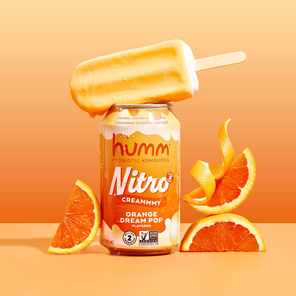 Humm Nitro Kombucha Orange Dream Pop, Creamy Smooth Probiotic Drink with L-Theanine, Non-GMO, Vegan, Gluten Free, 12 fl oz (Pack of 12)