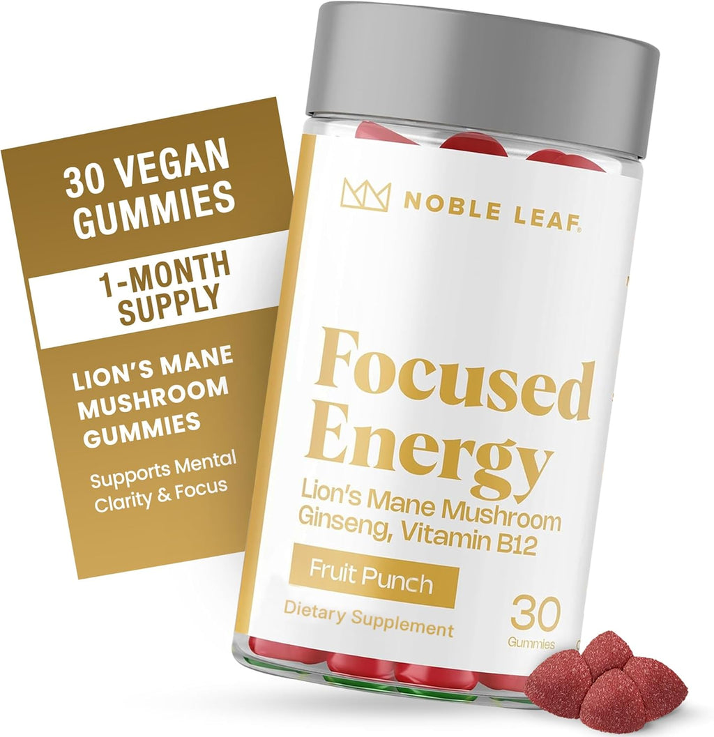 Lion's Mane Mushroom Gummies for Focus and Energy - Focus Gummies for Adults with American Ginseng & B12 for Clarity & Natural Energy, Gluten Free, Fruit Punch Flavor, 30 Count