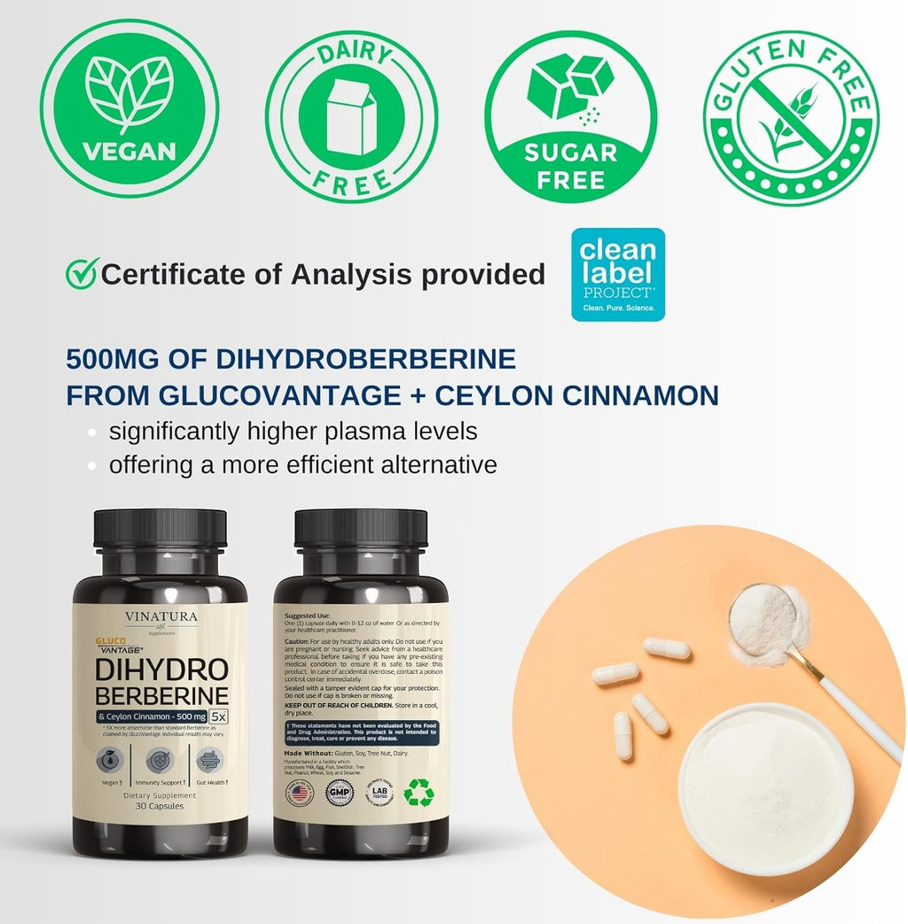 Dihydroberberine Supplement with Ceylon Cinnamon, 500mg - (Patented GlucoVantage Super Berberine), Maybe Berberine 5X More absorbable - 30 Capsules