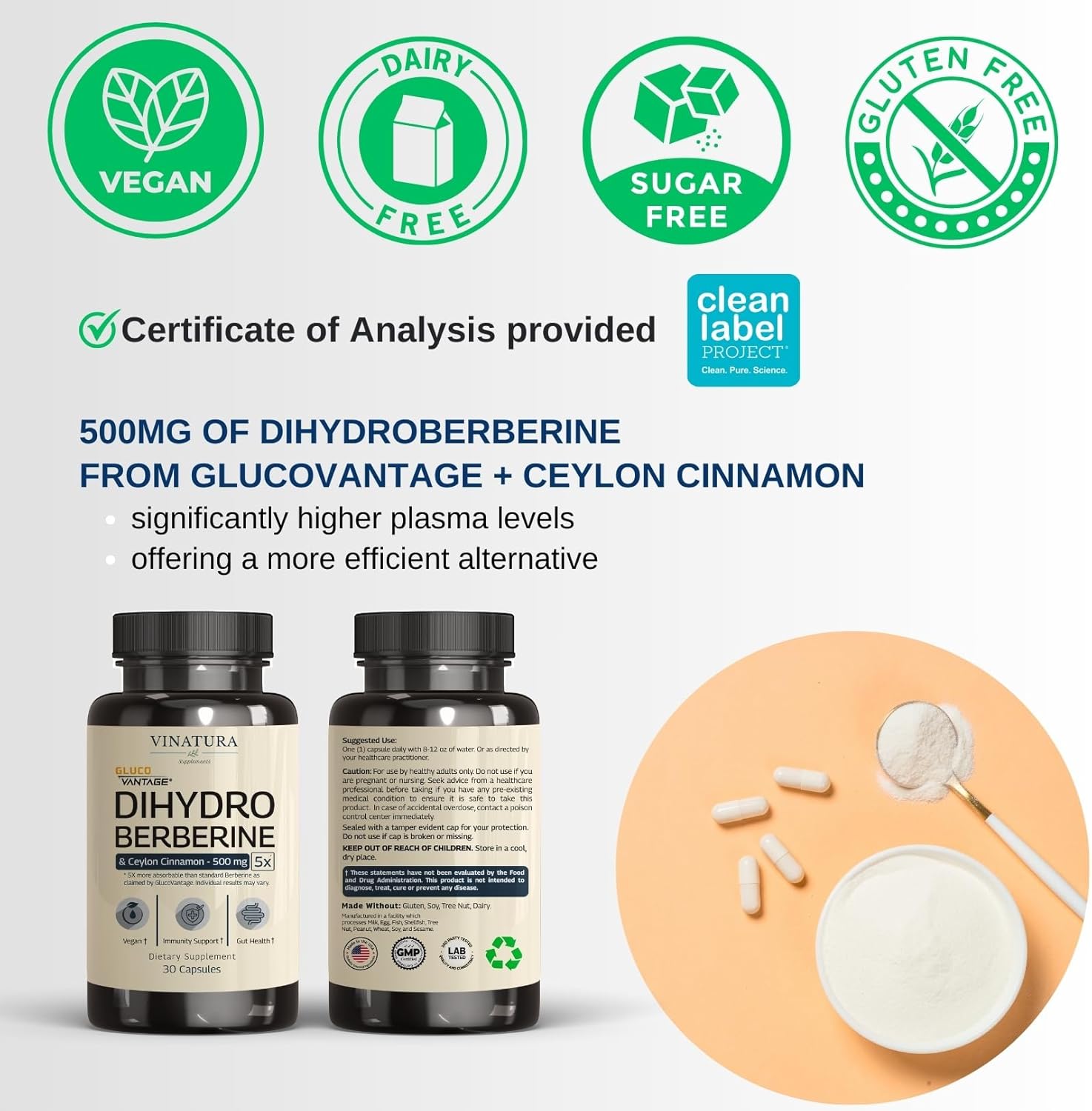 Dihydroberberine Supplement with Ceylon Cinnamon, 500mg - (Patented GlucoVantage Super Berberine), Maybe Berberine 5X More absorbable - 30 Capsules