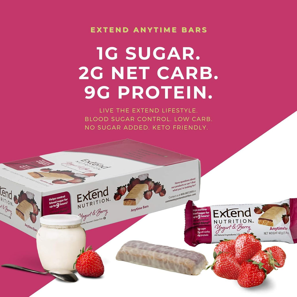 Extend Nutrition 1 Gram Sugar High Protein Bars, Perfect Diabetic Snacks for Adults and Kids, High Protein Bars for Hunger Control & Steady Energy, Low Carb, Keto Friendly, Yogurt and Berry, 12 Count