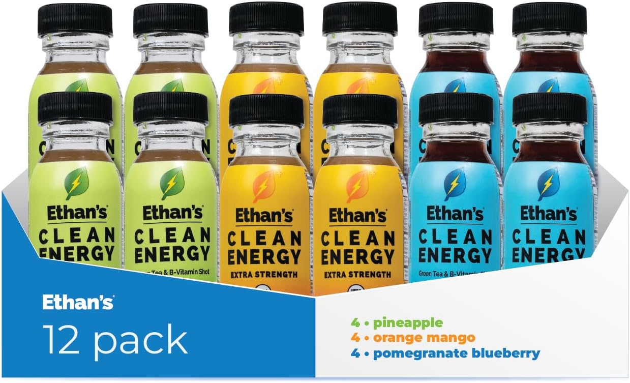 Ethan's Organic Clean Energy Shots 3 Flavors (Orange Mango, Pineapple & Pomegranite Blueberry), Sugar Free Natural Pre-Workout Focus Boost, Gluten Free, Vegan, B6 & B12 Vitamin C with Green Tea Extract and Guayusa (12 Pack of 2oz Shots)