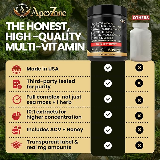 True Sea Moss Black Seed Oil Ashwagandha Burdock Root, Tumeric Supplement with Manuka Honey, Dandelion Root ACV - 60 Capsules - Multi Vitamin