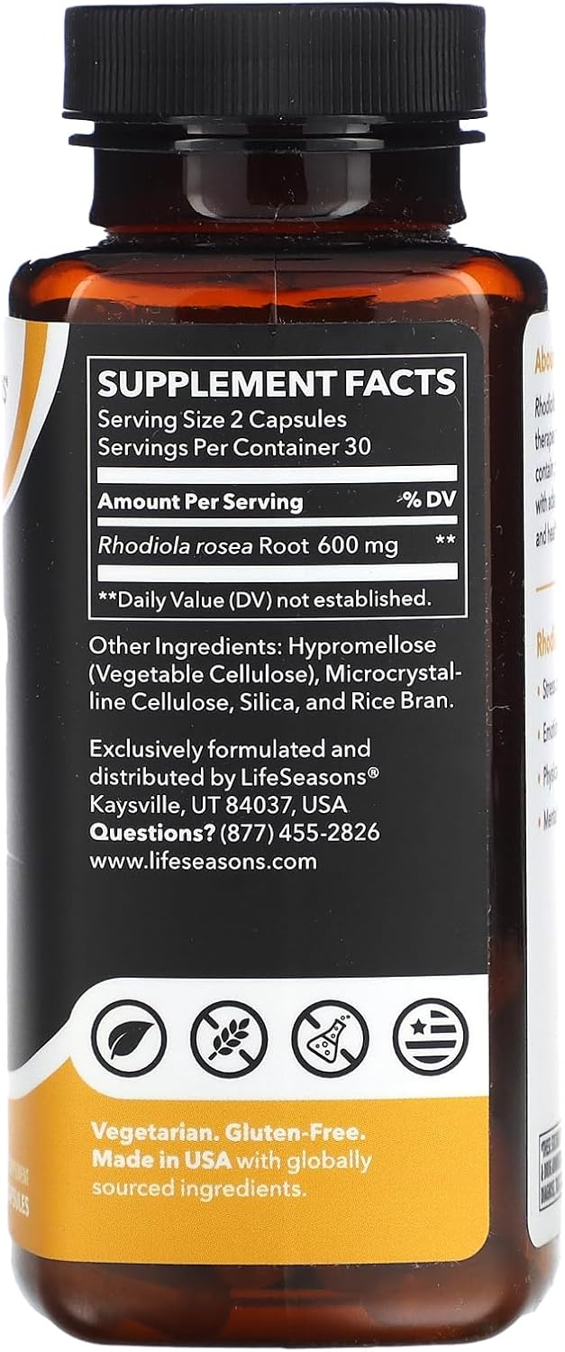 LifeSeasons Rhodiola Root 600mg per 2 Capsules – Adaptogenic Supplement for Natural Energy Mental Clarity Mood Balance Stress Support – 60 Vegan Capsules, Non‑GMO, Gluten‑Free
