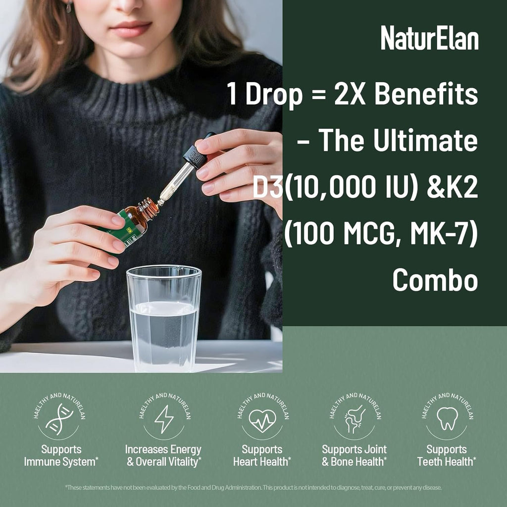 Organic Vitamin D3 K2 Drops with MCT Oil, 10,000 IU Vitamin D Liquid Drops + 100mcg K2(MK-7), 320 Servings, Supports Bone, Immune, Heart & Teeth Health, Third-Party Tested, Vegan, Non-GMO, Gluten Free