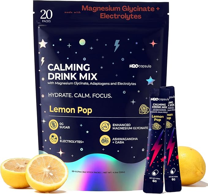 Calm Magnesium Glycinate Powdered Drink Mix with Electrolytes – Sugar Free with Ashwagandha, L-Theanine, Vitamin B 6& GABA – Cortisol Support, Stress Relief, Hydration & Focus - 20 servings (Lemon)