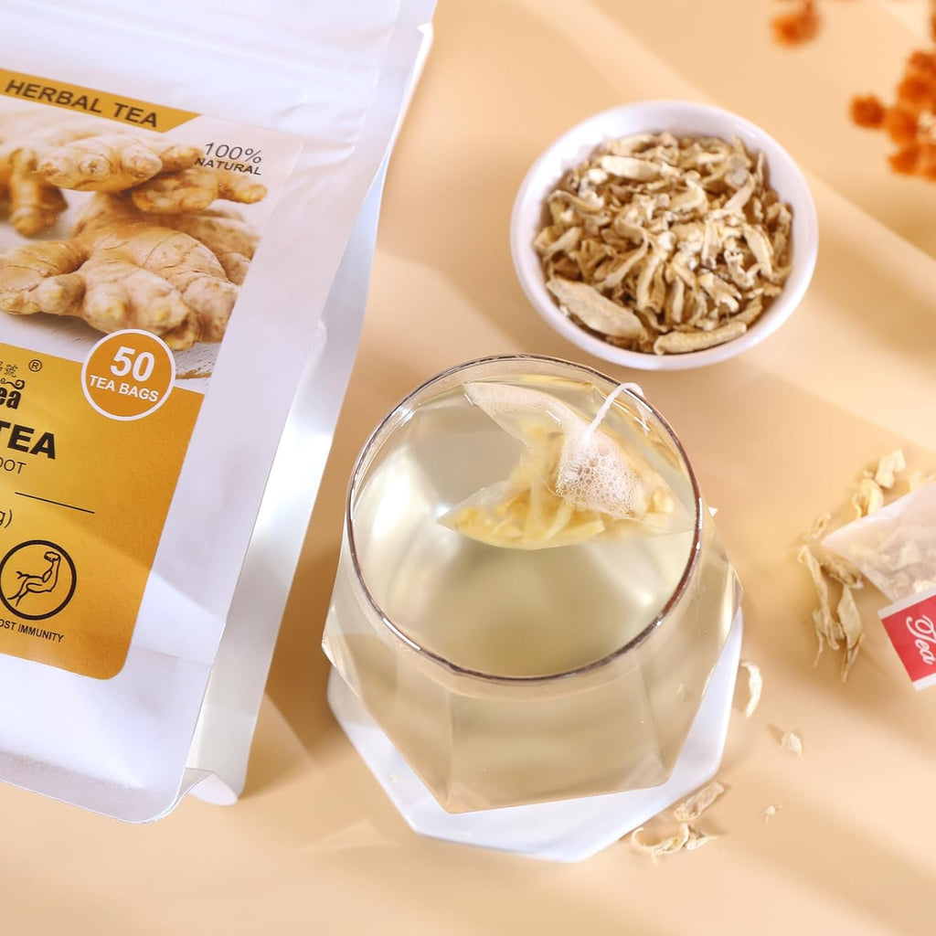 FullChea - Ginger Tea Bags, 2g*50 Teabags - Premium Ginger Root Tea Bag - Warm & Spicy - Non-GMO - Caffeine-free - Support Digestion & Boost Immunity