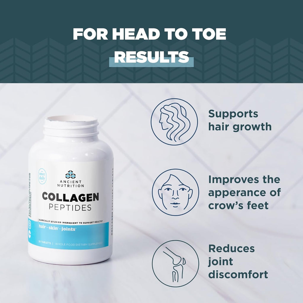 Ancient Nutrition Collagen Peptides, Collagen Peptides Tablets, Unflavored Hydrolyzed Collagen, Supports Healthy Skin, Hair, Joints, Gut, Gluten Free, Paleo, and Keto Friendly, 30 Count
