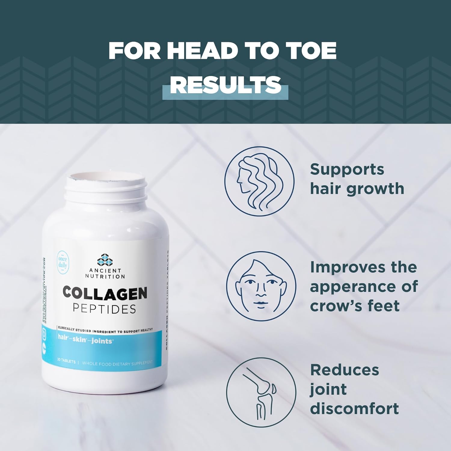 Ancient Nutrition Collagen Peptides, Collagen Peptides Tablets, Unflavored Hydrolyzed Collagen, Supports Healthy Skin, Hair, Joints, Gut, Gluten Free, Paleo, and Keto Friendly, 30 Count