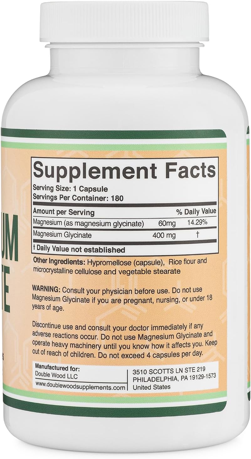 Magnesium Glycinate 400mg, 180 Capsules - for Sleep, Muscle, & Heart Support - (Vegan, Third Party Tested, Gluten Free, Non-GMO) by Double Wood Supplements