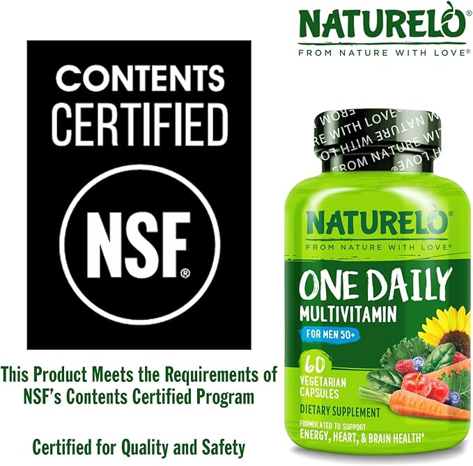 NATURELO Mens Multivitamins for Men 50+ - One Daily Multivitamin for Men with Vitamins, Minerals & Organic Whole Foods, Boost Energy & Health, Non-GMO, 60 Vegetarian Capsules