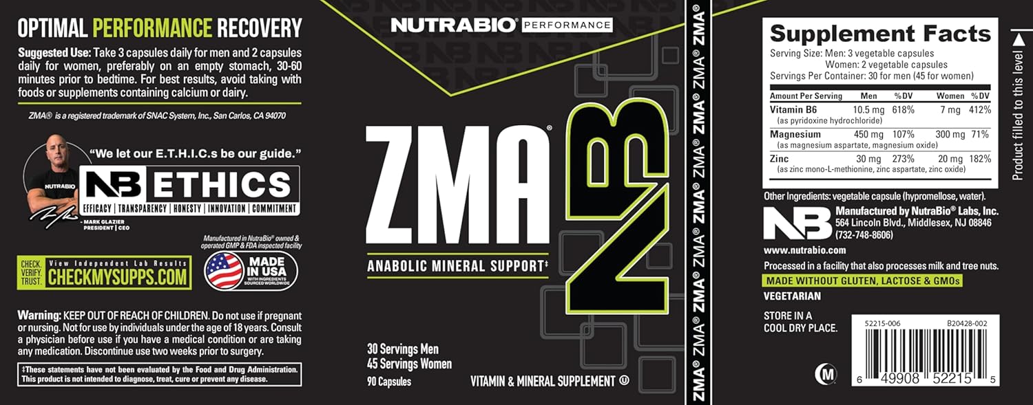 NutraBio ZMA Supplements for Men & Women- Zinc Magnesium Supplements to Support Hormone Levels -Sleep- Muscle Recovery-Immune Health 90 Count
