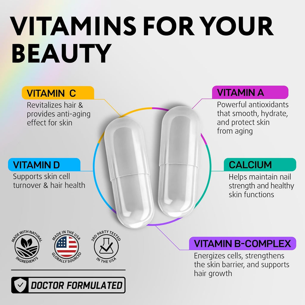 Biotin Collagen Keratin Neem Supplement - Hair Growth Vitamins for Women & Men - 10000mcg Biotin with Hyaluronic Acid & B Complex - Healthy Hair Loss Support - Skin and Nails Care - 60 Capsules