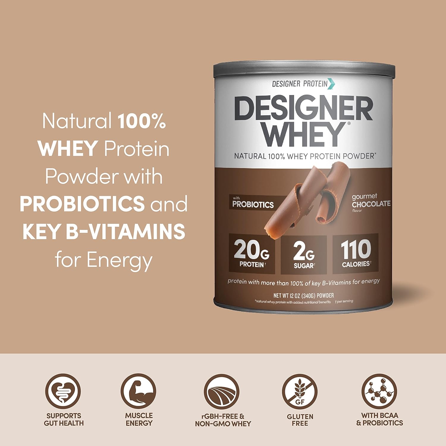 Designer Wellness, Designer Whey, Natural Whey Protein Powder with Probiotics, Fiber, and Key B-Vitamins for Energy, Gluten-Free, Gourmet Chocolate, 12oz