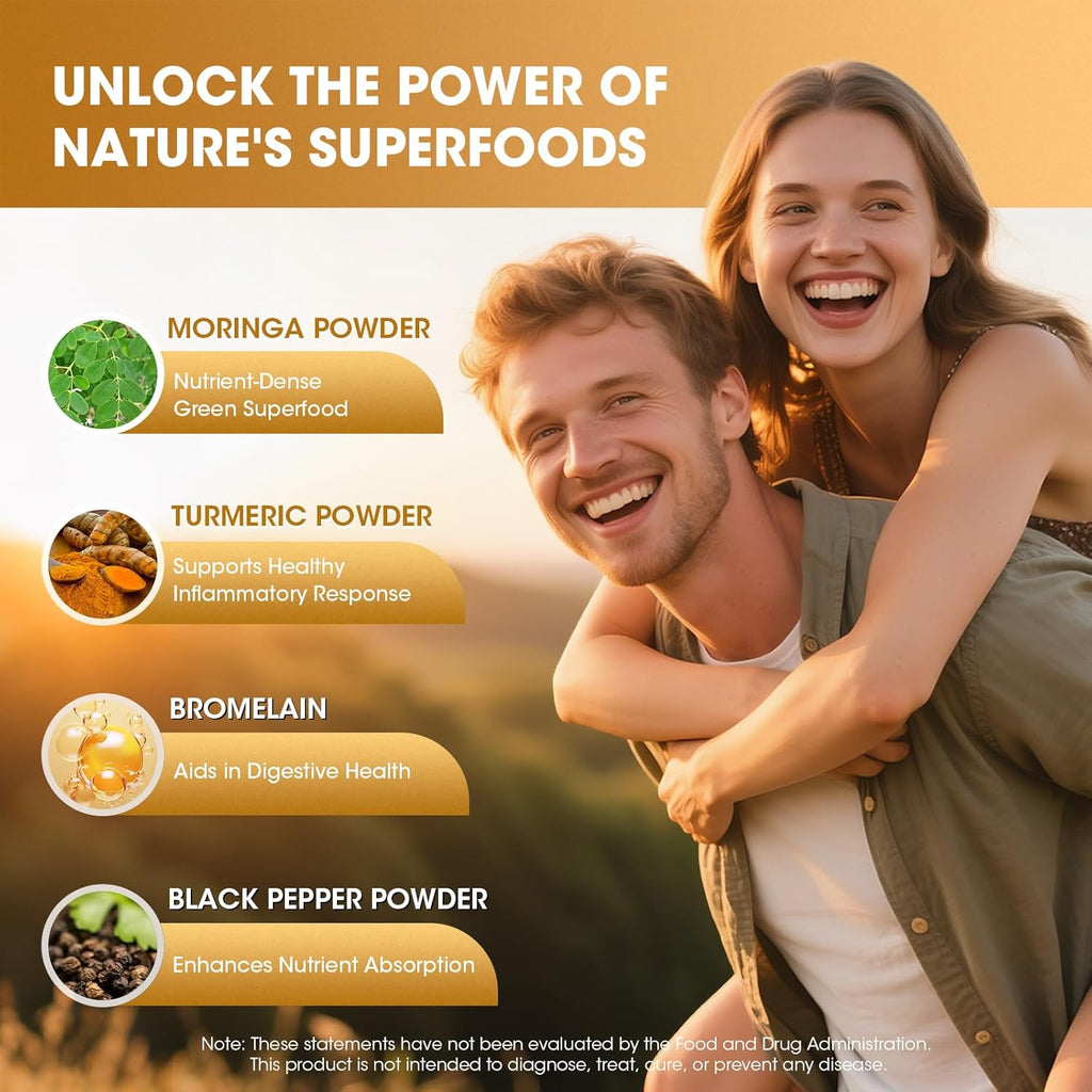 Moringa Capsules with Turmeric Curcumin for Joint, Energy & Gut Support – Moringa Powder with Bromelain & Black Pepper, Superfood Supplement for Men & Women – Vegan, Non-GMO & Gluten-Free, 60 Ct