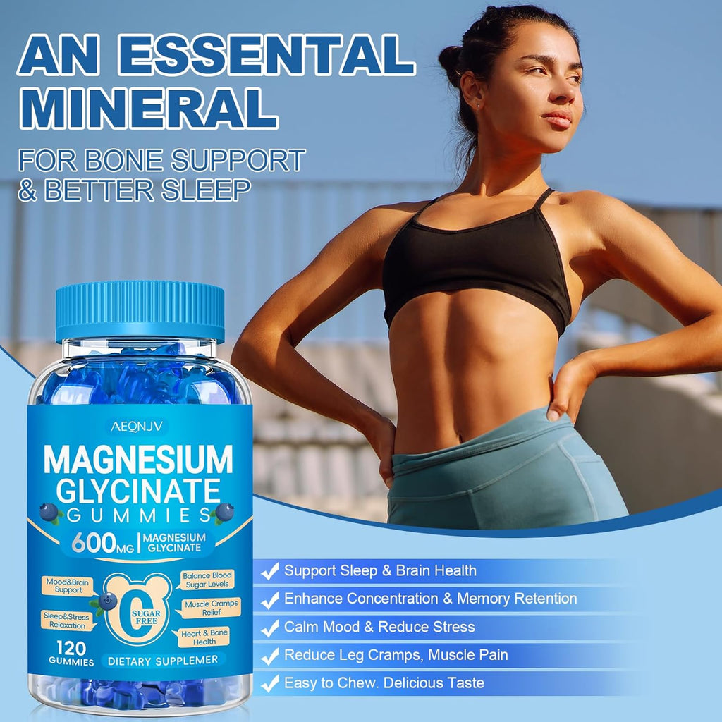 Magnesium Glycinate Gummies 600mg, Chewable Sugar Free Potassium Magnesium Gummies with Manganese Glycinate, Vitamin D, B6, and CoQ10 for Calm Support & Sleep for Adults, 60 Days Supply