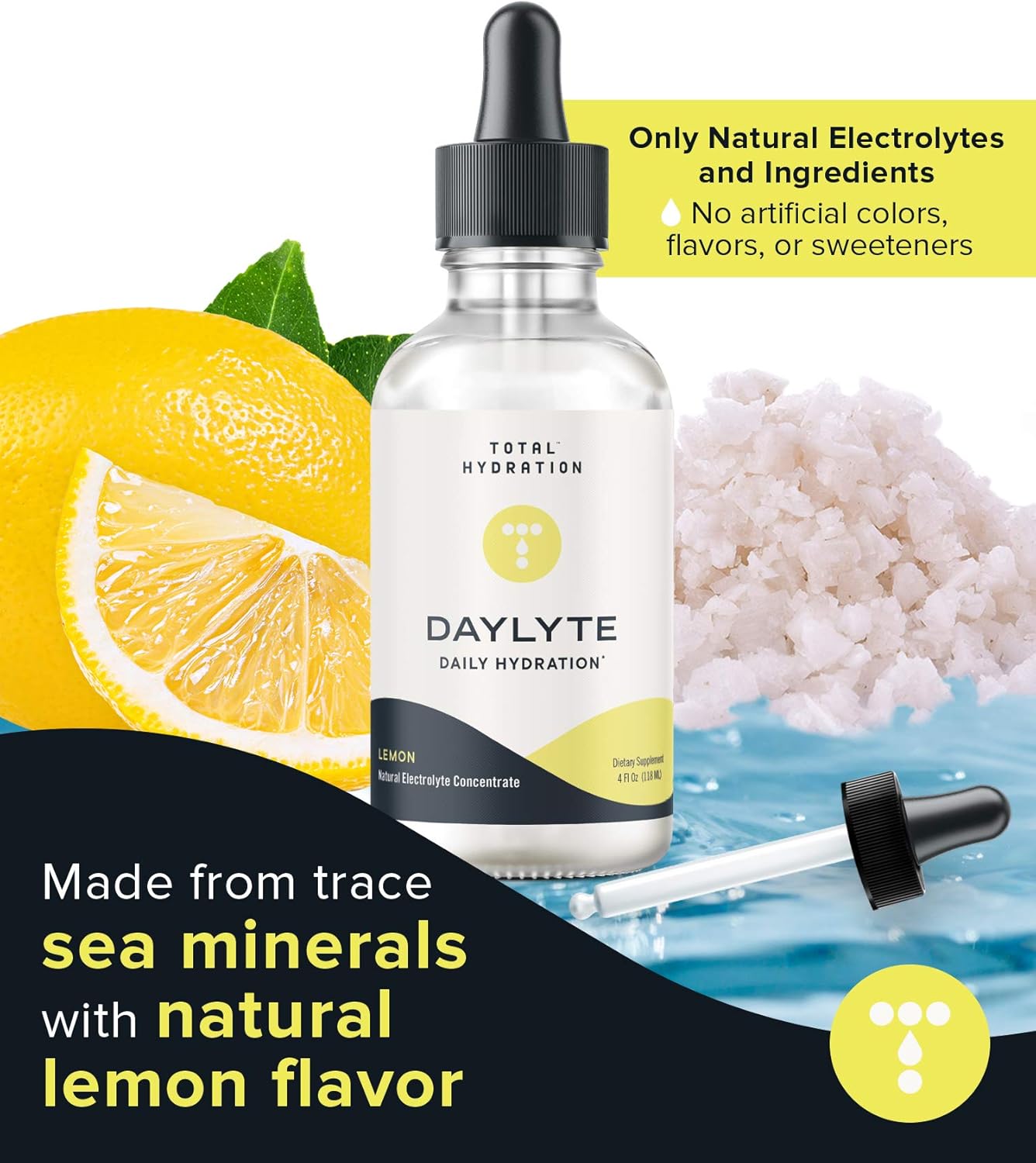 Daylyte Electrolyte Drops, Lemon, Sugar Free Daily Hydration Supplement with Magnesium, Calcium, & Zinc (29 Servings)