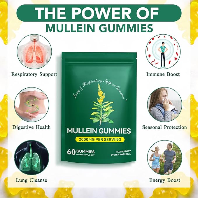 Mullein Gummies for Lung Cleanse 60 Count - 2000 mg Mullein Leaf Extract Gummies with Chlorophyll - Natural Herbal Supplement for Lung Cleanse, Respiratory Support, Boosts Immunity, Digestive Wellness