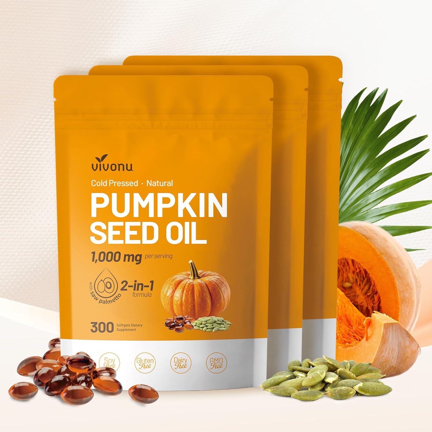 Pumpkin Seed Oil with Saw Palmetto Capsules | Cold Pressed, Pure Virgin Oil, Essential Fatty Acids & Phytosterols | 300 SoftgelsSupports Hair, Urinary, Bladder & Prostate Health, Non-GMO