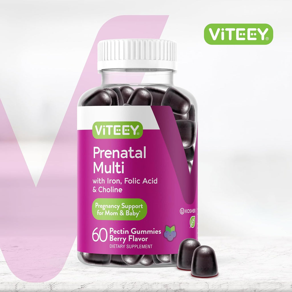 Viteey Prenatal Gummies for Women - Prenatal with Iron for Pregnancy with Choline & Folic Acid Gummies - Vegetarian, Gluten Free - 60 Count