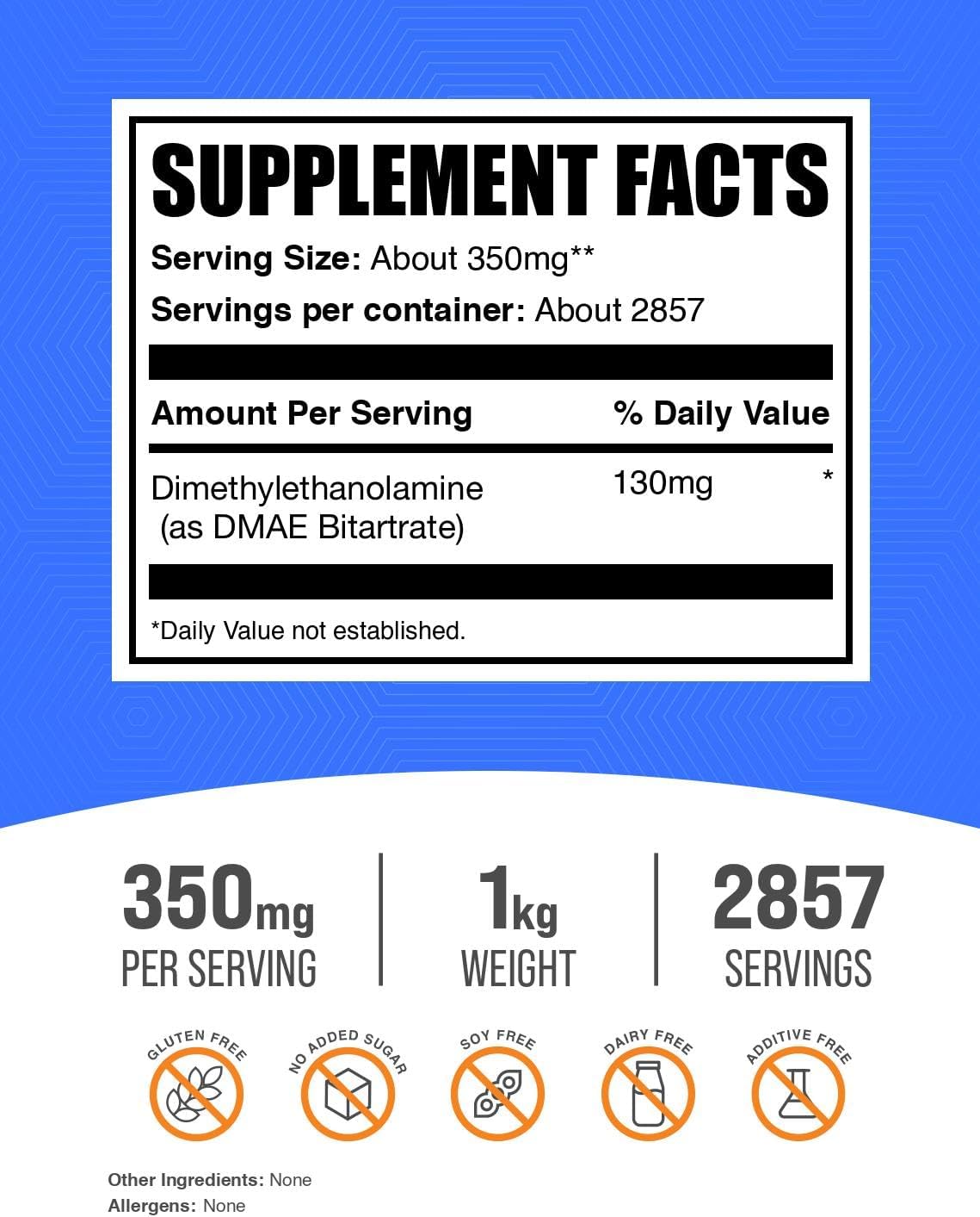 BulkSupplements.com DMAE Bitartrate Powder - Dimethylaminoethanol Bitartrate, DMAE Supplement - Unflavored & Gluten Free, 350mg per Serving, 1kg (2.2 lbs) (Pack of 1)
